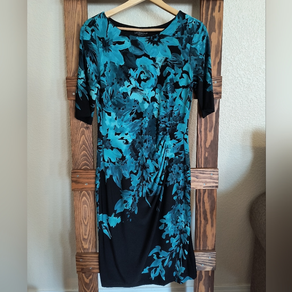 Knee-length multicolored sheath dress with 3/4 sleeves for cocktail